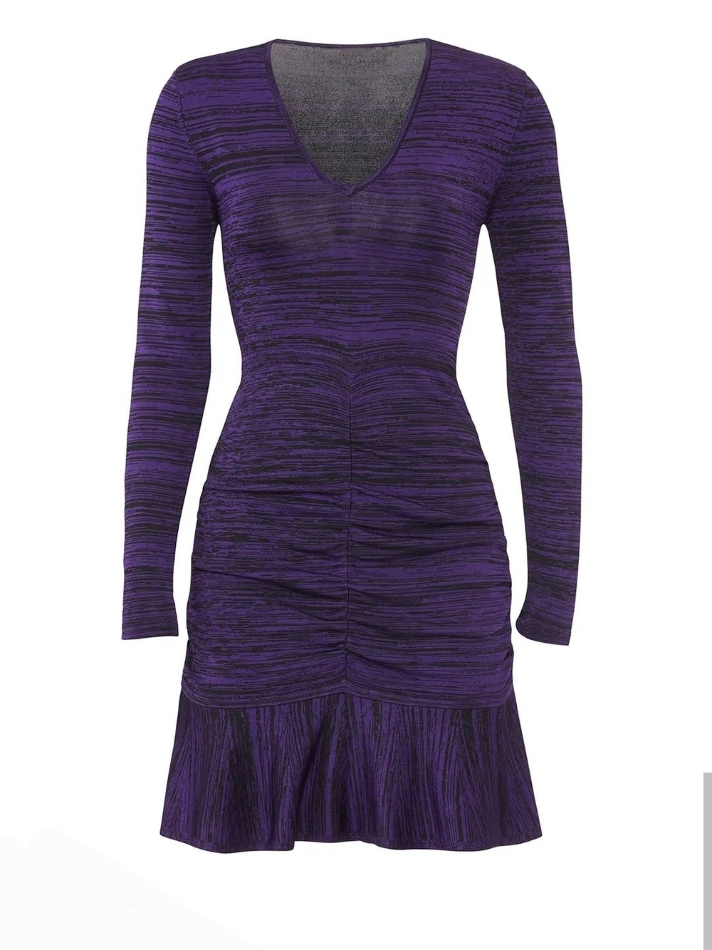 Parker Carla Knit Dress, featuring a deep Purple Ruched V-Neck Ruffle Hem